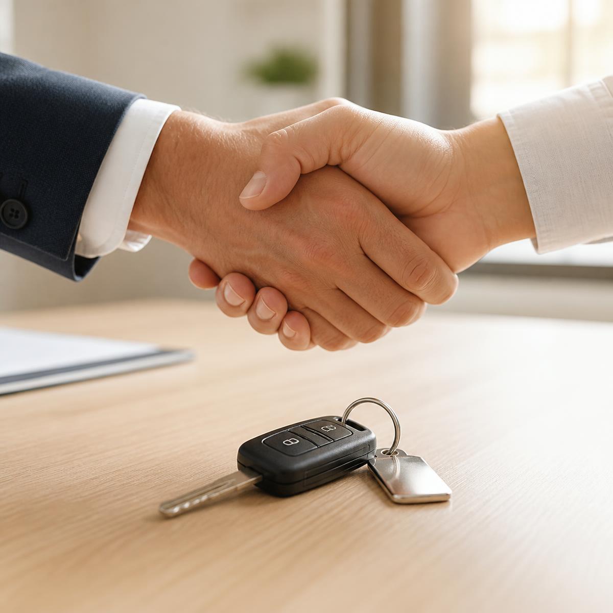 Two people shaking hands over a set of vehicle keys on a desk