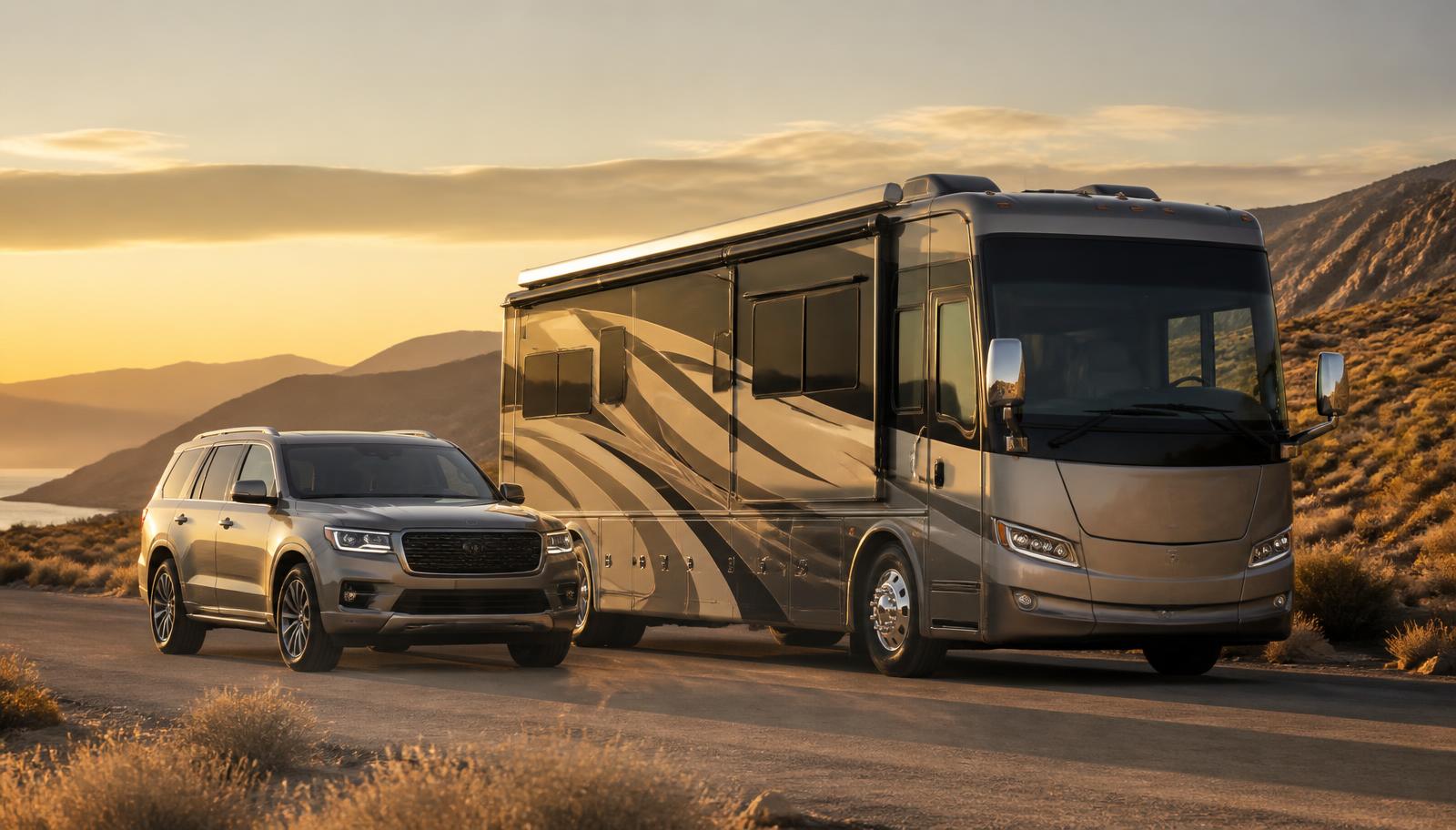 An SUV and a touring motorhome parked side by side on an open road at golden hour